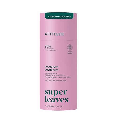 ATTITUDE Plastic-Free Natural Deodorant Aluminum-Free Baking Soda Formula EWG Verified Vegan Long-Lasting Odor Protection Coconut & Wild Berries 2.64 Oz