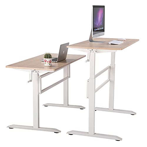 Unicoo - Crank Adjustable Height Standing Desk, Adjustable Sit To Stand Up Desk,Home Office Computer Table, Portable Writing Desk, Study Table (Light Maple Top/White Legs- Syk01) #TOP2
