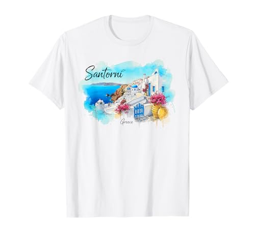 Santorin Grèce Aquarelle Art Paysage Grec Souvenir T-Shirt