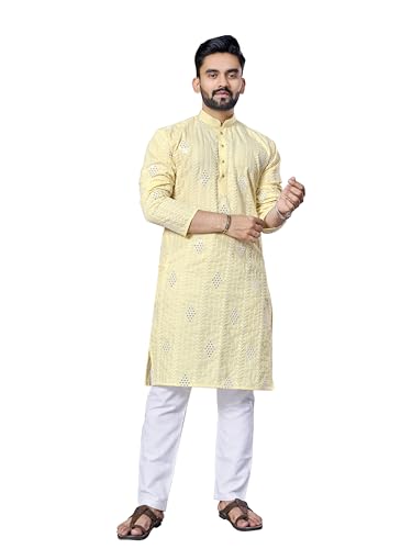 Men's Cotton Mirror Embroidered Traditional Kurta with Pajama Ethnic Wear Weddings & Festive Occasions B-VAN