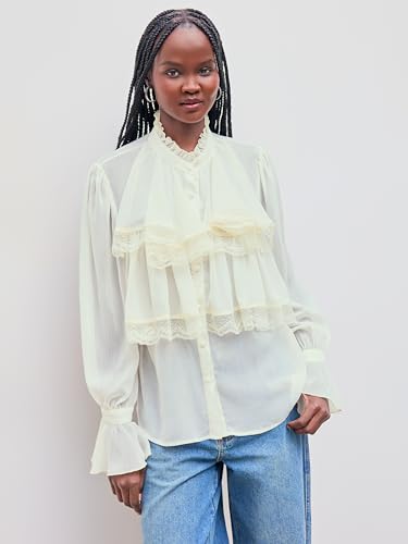 CIDER Chiffon High Neck Soild Lace Faux Pearl Long Sleeve Blouse3