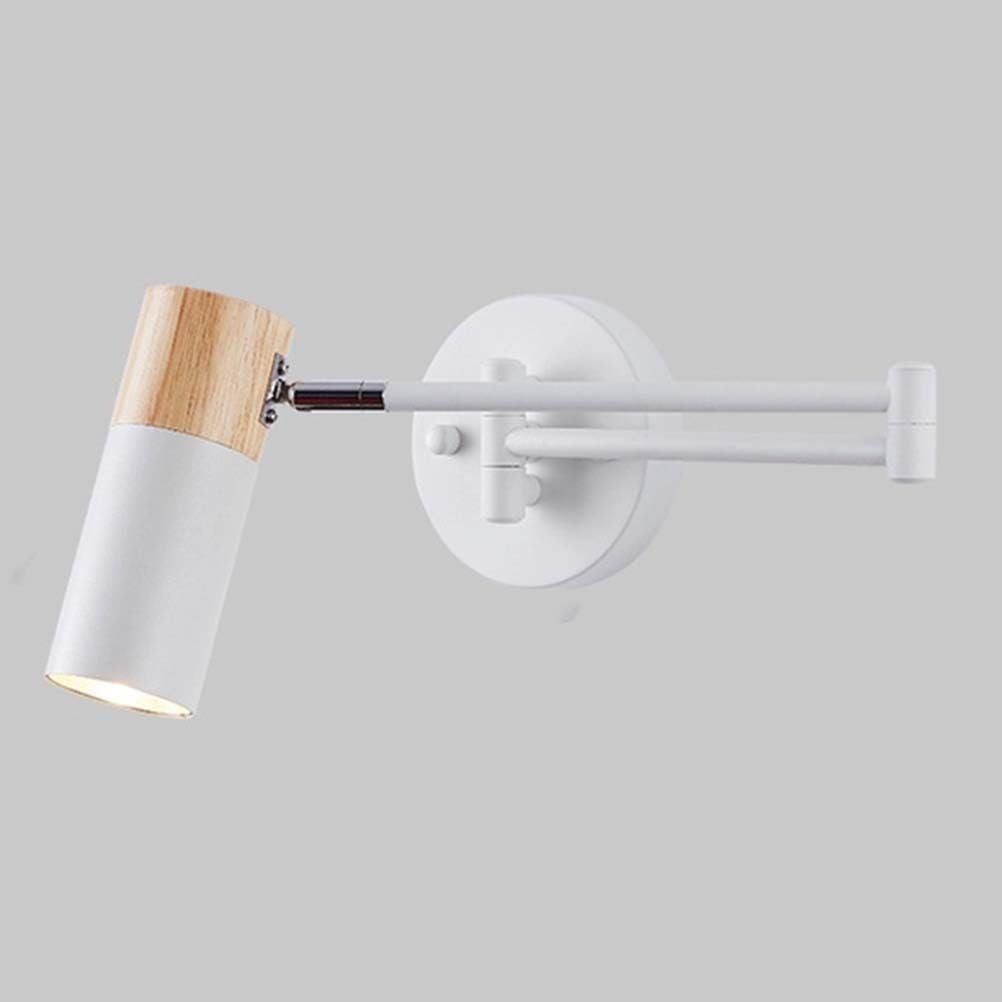 Verstellbare Schwenkarm Wandlampe Langer Arm Holz Wandleuchte 350°Drehung E27 Nachttisch Wandbeleuchtung Moderne Wandstrahler Weiß Wand Leselampe für Schlafzimmer Kinderzimmer（mit Leuchtmittel）