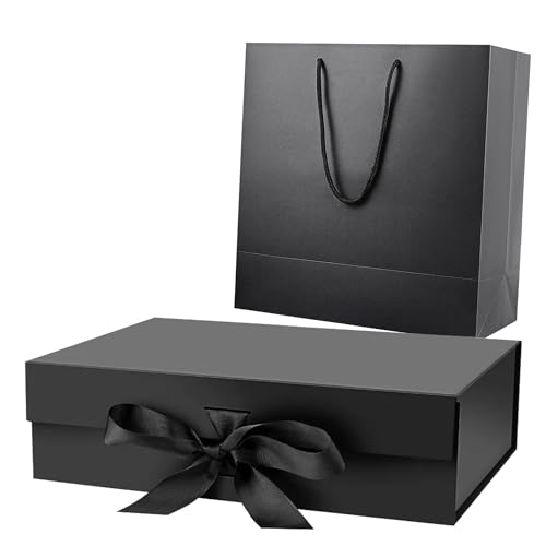 zilSquare Luxury Black Gift Box with Gift Bag and Ribbon Large Gift Boxes 32x20x10cm with Lid Magnetic Closure Spacious Gift Boxes for Men Women Birthday Wedding Party Christmas صندوق هدايا