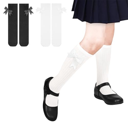 Girls Knee High Socks With Bows - Cotton School Uniform Long Socks for 4-12 Years, 2 Pairs