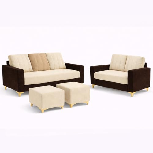 Image of Hendrick Plush Velvet 3 Seater + 2 Seater Sofa Set with 2 Ottoman | Silken Velvet Upholstery | Golden Legs | Designer Set for Living Room & Office Spaces (Cream, Beige & Dark Brown)