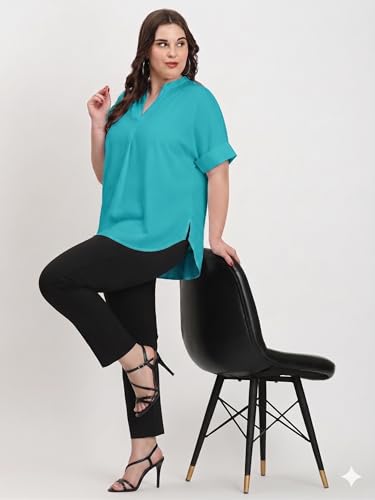 Image of SINDOORI Relaxed Fit Tops for Women Plus Size Solid Printed Mandarin Collar, Band Collar, V-Neck Top, Half Sleeve Loose Fit