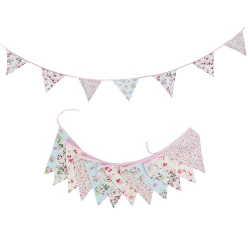 Image of Zwiebeco 32Ft Vintage Pink Blue Floral Fabric Bunting Triangle Flags Cotton Retro Flowers Pennant Banner Party Decorations for Birthday Wedding Engagement Spring Rustic Village Home Garden Decor