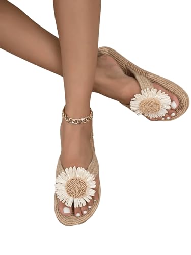 OYOANGLE Women's Floral Decor Open Toe Linen Flip Flops Slipper Summer Vacation Slip on Slide Sandal4