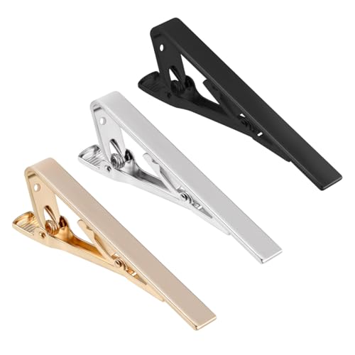 3 Pack Tie Clips for Men Tie Bar Clip Set Necktie Clip for Wedding Anniversary Business Gift Tie Bar Clip Pinch Set for Regular Ties Ties Pins and Clips for Mens Tie Clasp (Gold Black Silver)