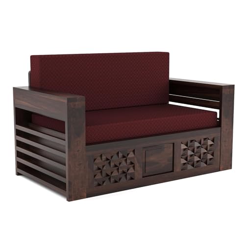 Image of Solid Sheesham Wooden 2 Seater Sofa Cums Bed with Mattresses for Home Living Room | Rosewood 2 Seater Sofa Cums Bed for Bedroom Without Pillow | Wooden Sofa Bed (Walnut, 2 Seater)