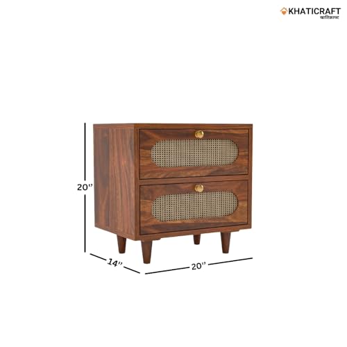 Image of Solid Sheesham Wood Rukm Bedside Table with 2 Drawer Storage for Bedroom | Wooden Nightstand Side Table for Living Room, Home and Hotels | Honey Finish