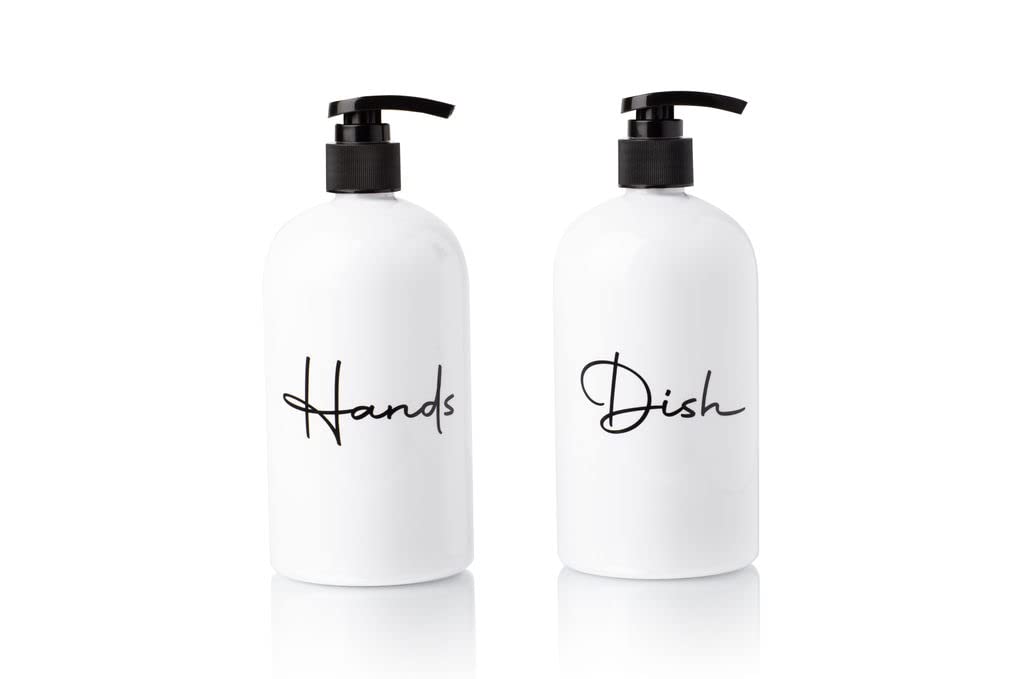 Alora Hand Soap Dispenser and Liquid Dish Soap Dispenser for Kitchen Sink Set of 2 Extra Wide Hand Pump Reusable Plastic Bottle with Easy to Read Lettering Countertop Replacement Refill