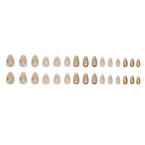 Image of White French Tip Press on Nails Star Fake Nails with 3D Gold Design Nude Glue on Nails Glossy Artificial Acrylic Full Cover Rhinestone Stick on Nails Short Almond False Nails for Women Manicure