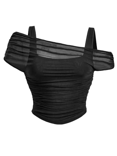 WDIRARA Women's Plus Size 2 in 1 Sheer Mesh Off Shoulder Tops Ruched Asymmetrical Short Sleeve Tee Shirt Black X-Large Plus