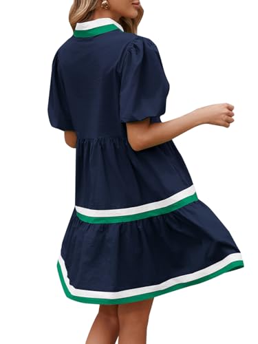 LifeShe Womens Puff Sleeve Babydoll Dress V Neck Navy Blue Striped Color Block Tiered Mini Dresses3