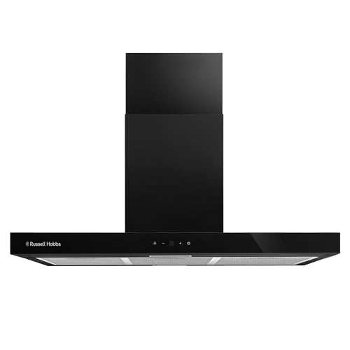 Russell Hobbs 90cm Island Cooker Hood in Black with 3 Speed Settings, 3x Washable Aluminium Filters, Extraction or Recirculation, Boost Function, LED Lights A++ Energy Rating, RHICH904B