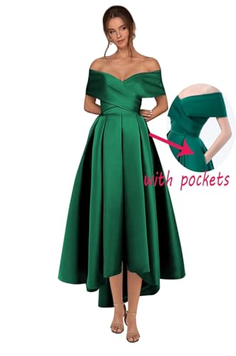 Off The Shoulder Satin Prom Dresses Tea Length Short Satin Formal Evening Gown with Pockets2