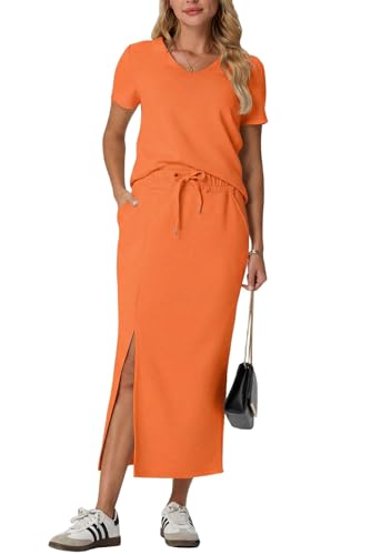 Image of GRECERELLE Women Summer Casual 2 Piece Sets V-Neck Wrinkle-Free Top & Elastic Waist Midi Side Slit Skirt with Pockets