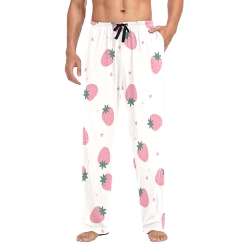 Pink Strawberry Mens Pajama Pants Mens Pj Pants Comfy Cotton Pj Long Pant for Men with Pockets Size S-XXL