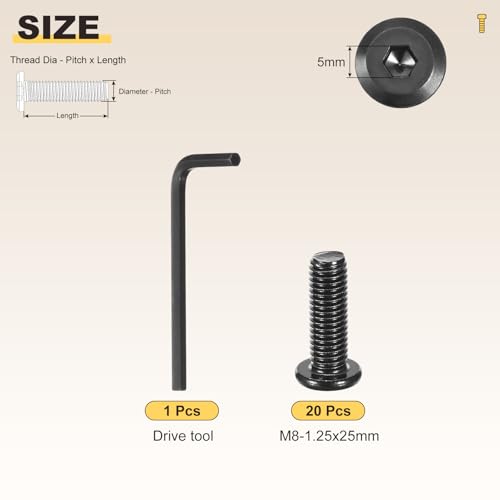 Image of METALLIXITY Flat Head Hex Socket Cap Screws Bolts(M8-1.25x25) 20Pcs, with Wrench Steel Hex Socket Furniture Bolts Screws - for Furniture Woodworking Project, Black