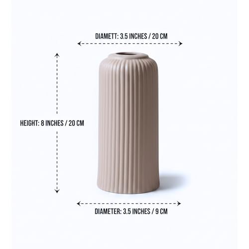 Image of KREATIVE ART'S Modern Ribbed Design Ceramic Flower Vase for Living Room, Flower Pots for Artificial Flower, Home Decoration Item, Home Decor, Vases for Living Room (Beidge, Medium)