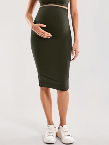 Momanda Women' S Maternity Skirt High Waist Maternity Midi Skirt With Slit Stretchy Pregnancy Casual Pencil Skirt Olive Green Medium thumb #4