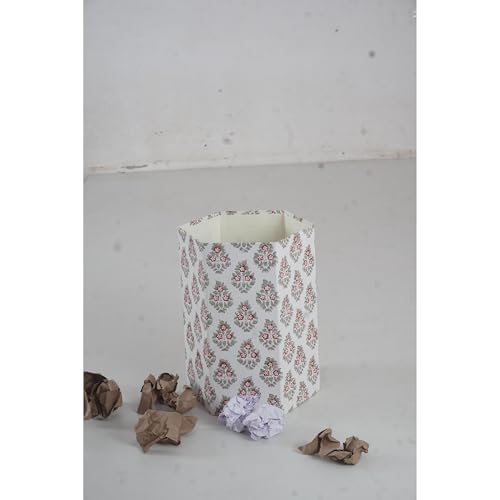 Image of Floral Hand Block Printed 3.3 Gallon Decorative Waste Basket - Eco-Friendly Cardboard Trash Can, Plastic-Free & Sustainable, Perfect for Christmas and Housewarming Gifts (1, White Botti flowar)