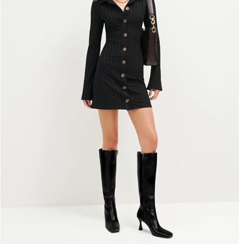 Dsevht Black Leather Knee High Boots for Women Stiletto Kitten Heeled Sexy Boots Square Toe and Side Zipper Design Fashion Dress Boots3