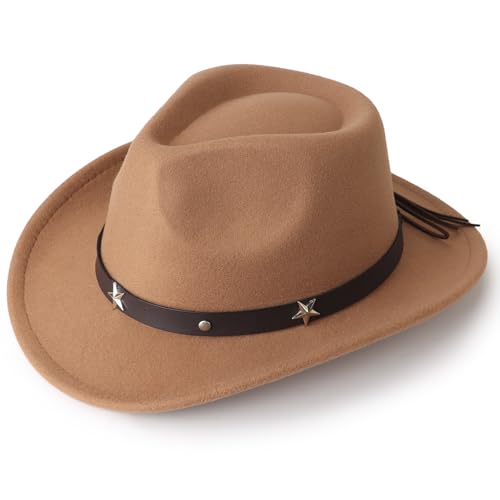 DRESHOW Cowboyhut Kinder Jungen Mädchen Fedora Hut Western mit Schnalle Gürtel Retro Panama Hüte Unisex Aufgerollte Mützen 4-12 Jahre