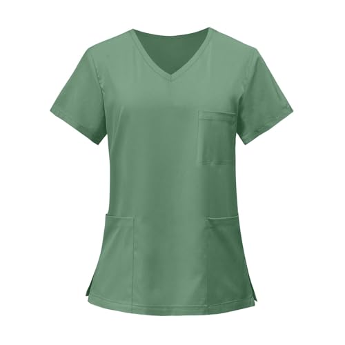 Image of FONMA Scrub Tops Women Plus Size Stretchy V-Neck Scrub Shirts with 4 Pockets Breathable Short Sleeve Nurse Uniforms