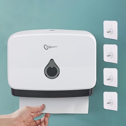 Image of Robustt Wall-Mounted V /N /M Fold Paper Hand Towel Dispenser - White (with 4 Adhesive Hooks) | Large Capacity | Durable ABS Material | Water-Resistant | Push Button Lock (Pack of 1)