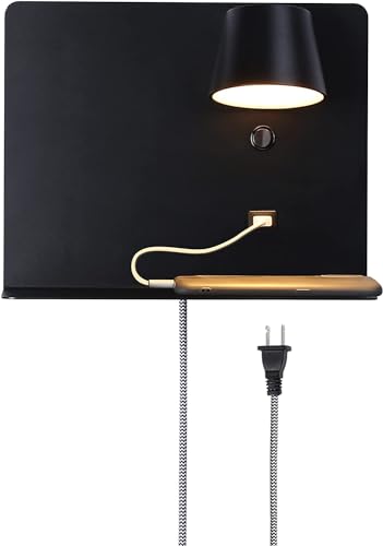 Image of SUNLLOK LED Wall Lamp with USB Charging Port Case, Modern Reading Wall Sconces with Shleves, Adjustable Lampshade Source Warm White Wall Mounted Lamp Decoration for Living Room, Bedroom, Black