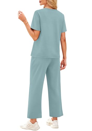 Image of WIHOLL 2 Piece Sets for Women Casual Summer Travel Vacation Outfits Short Sleeve Wide Leg Crop Pants Lounge Sets