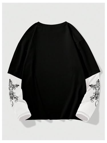 GORGLITTER Men's Y2k Goth Shirt Jersey Letter Graphic Color Block Oversized Long Sleeve Crewneck Vacation Tee Tops2