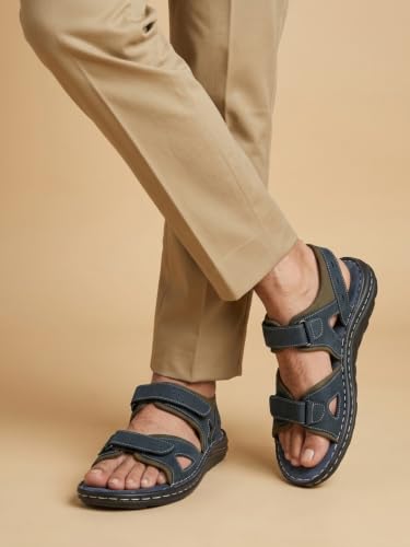 Image of MARDI GRAS Dayton (6477 Blue) | Men's Genuine Leather Floater Double Strap Sandal With Cushioned Footbed