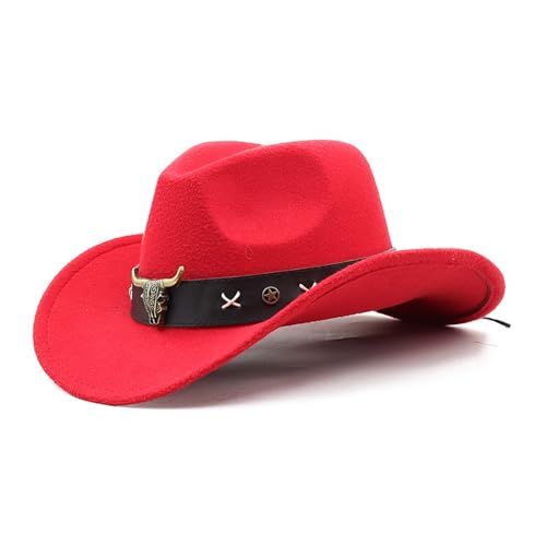 TAKOXIA Chapeau de cowboy vintage Country Western Fedora Chapeau de cowgirl en cuir pour fête Accessoires photo Cadeaux Headwaer, grand format, rouge, Suitable for head circumference 50-60cm