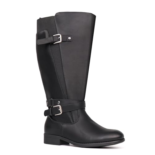 Women's Extra Wide Calf Low Heel Ankle Strap Sleek Design Knee High Riding Boots - Main Image