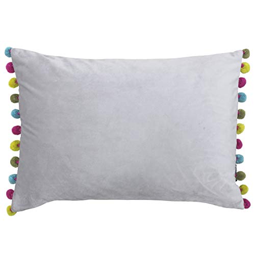 Paoletti Fiesta Rectangular Cushion Cover – Faux Velvet with Pompom Edges (Dove/Multi – 35 x 50cm)
