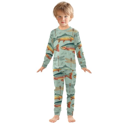Pajama Sets Long Sleeve Fish and Dragonfly Pattern Soft Comfy Sleepwear 2 Piece PJS 3-8T2
