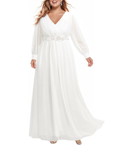 Image of Pinup Fashion Women Plus Size Formal Dresses - Long Sleeve Evening Gown Applique Chiffon Maxi Dress