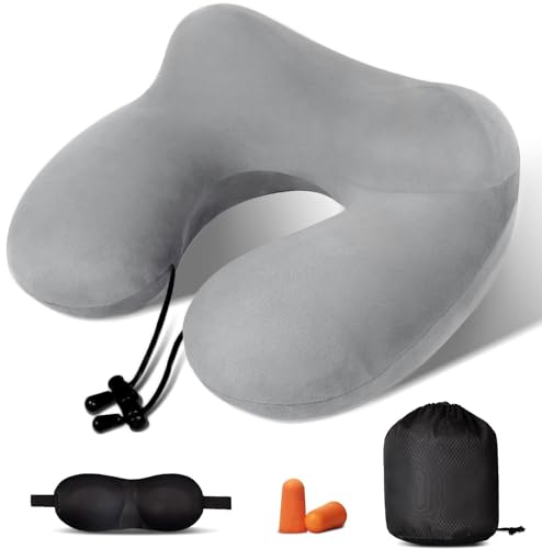 Kulamo Almohada Viaje - Almohada Avion Hinchable, cojin Cuello Viaje | Viajes Accesorios,Set portátil Lavable de Terciopelo, Máscara de los Ojos y Bolsa de Transporte (Gris)