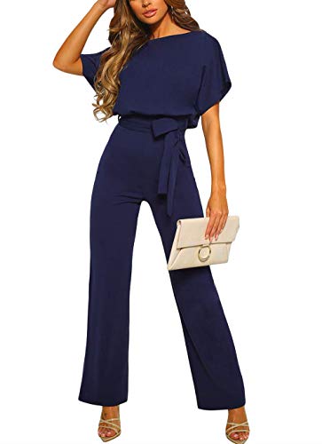 Cegerne Women Dressy Jumpsuits Short Sleeve Belted Wide Leg Pant Crew Neck Elegant Romper
