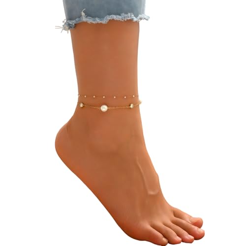 Image of NONAMOIS 18K Gold Plated Diamond Ankle Bracelets for Women Waterproof Gold CZ Pearl Bow Link Chain Anklets Non Tarnish Summer Beach Foot Jewelry Gifts