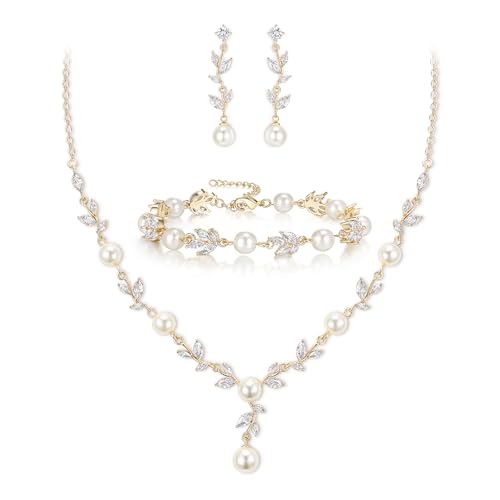 Image of EVER FAITH Cubic Zirconia Pearl Leaf Bridal Jewelry Set for Bride Women