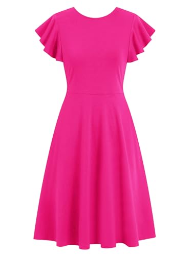 Image of MSLG Women's Fit and Flare Ruffle Short Sleeves Dresses Work V-Back Cocktail Semi Formal A Line Dress with Pockets 842