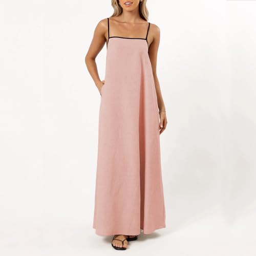 Image of Senllen Women's Linen Dress Summer Loose Flowy Sundress Contrast Spaghetti Strap Sleeveless Backless Beach Maxi Long Dresses