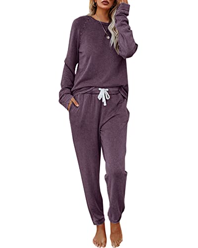 Eurivicy Women's Loungewear Set Solid 2 Piece Long Sleeve Pullover and Drawstring Sweatpants Sport Outfits Sets