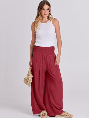 Image of ANRABESS Women Linen Palazzo Pants Summer Boho Wide Leg High Waist Casual Lounge Pant 2026 Beach Travel Vacation Outfits