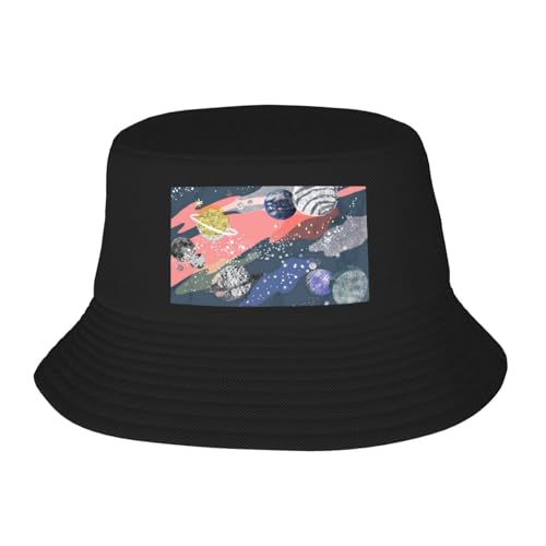 Planet Print Bucket Hat for Women Men Summer Sun Beach Fishing Cap Black