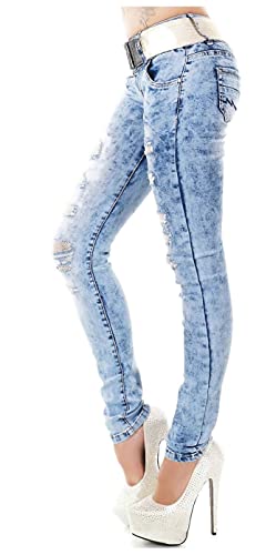 RED SEVENTY Damen Skinny Slim Ripped Mesh Einsatz Low Waist Jeans Hellblau Gürtel 34-42 Gr. 34, hellblau Cover
